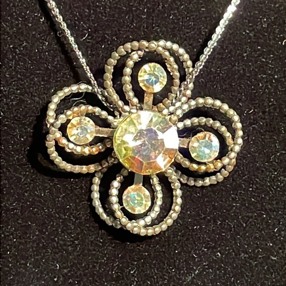 Vintage Repurposed Floral Crystal Pendant Necklace, Aurora Borealis